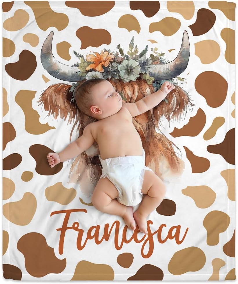 Highland Cow Print Baby Blanket - Personalized Blanket