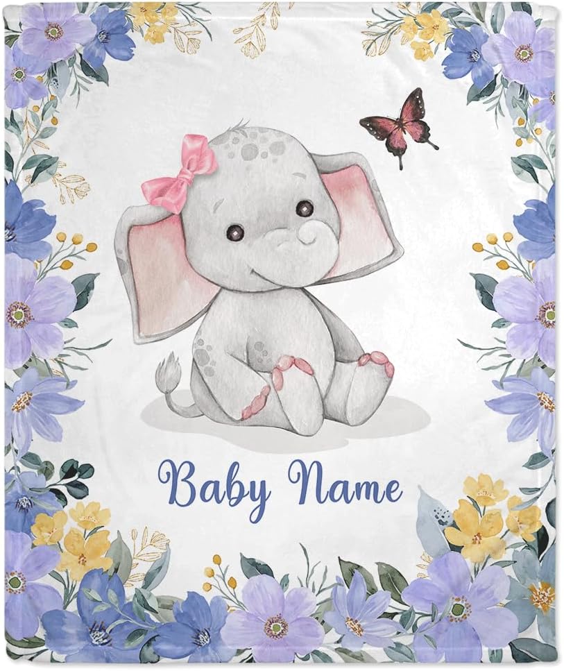 Flowers Elephant Baby Blanket - Personalized Blanket