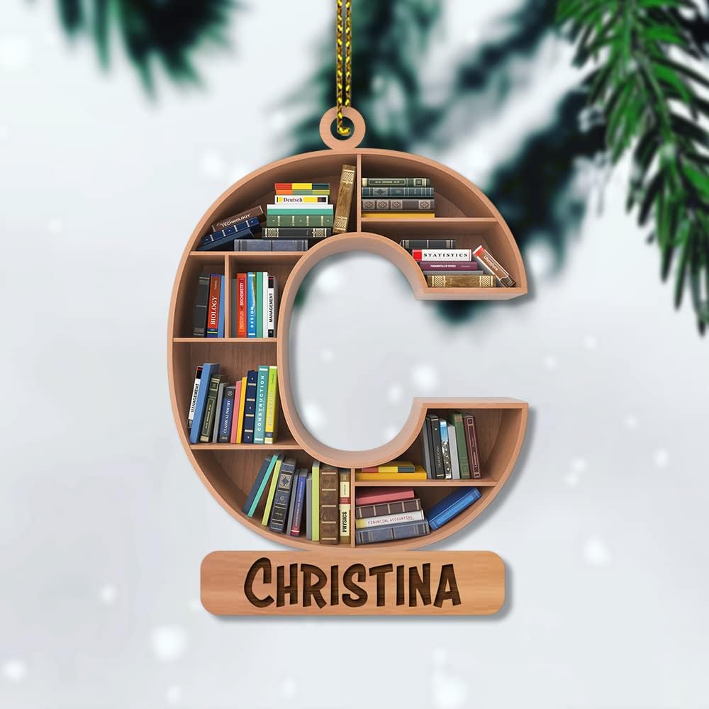 Bookshelf Initial Wood Ornament – Personalized Christmas Gift for Teacher, Librarian, or Book Nerd