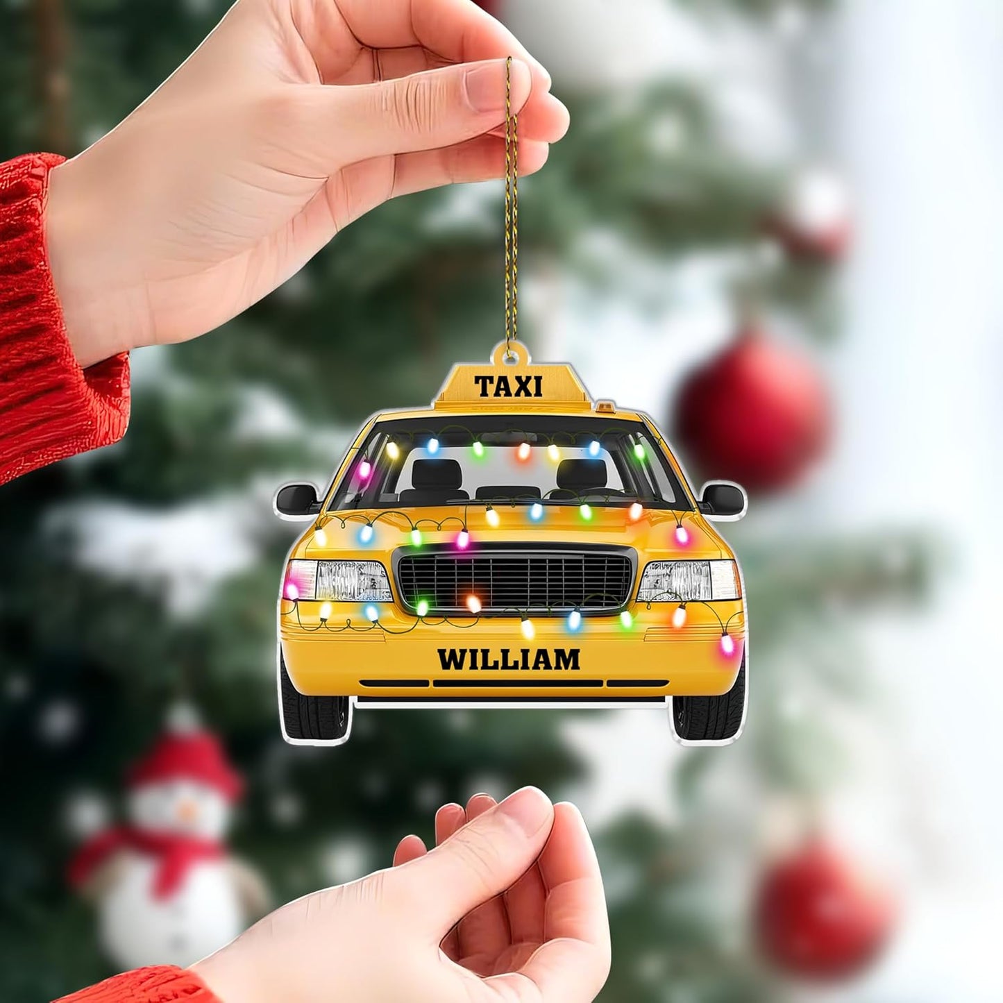 Taxi cab with festive lights cut acrylic ornament – personalized 2D flat silhouette, custom name Christmas keepsake gift for taxi driver appreciation or retirement