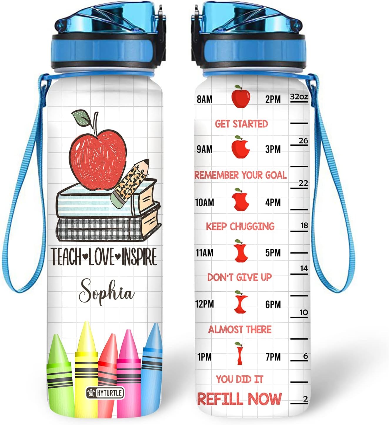 Teacher Appreciation Water Bottle Tracker 32oz – Personalized Hydration Bottle with Time Marker – Creative Gift for Teachers