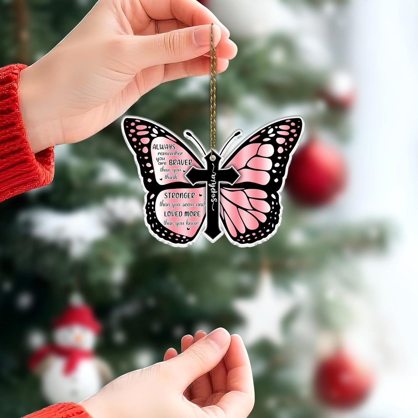 Pink Butterfly Breast Cancer Cut Acrylic Ornament – Personalized Encouragement Gift for Survivor or Warrior, Awareness Ribbon Christmas Tree Decor