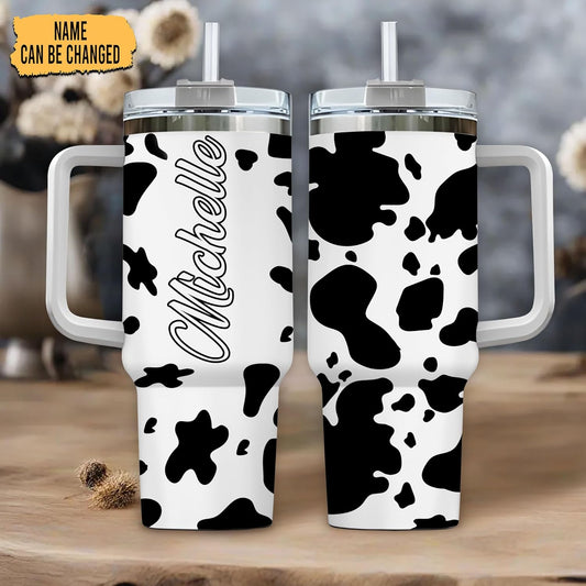 Cow Print Tumbler 40oz – Personalized Stainless Steel Insulated Travel Cup with Handle & Straw, Leak-Proof Lid – Unique Gift for Farm Animal Lovers