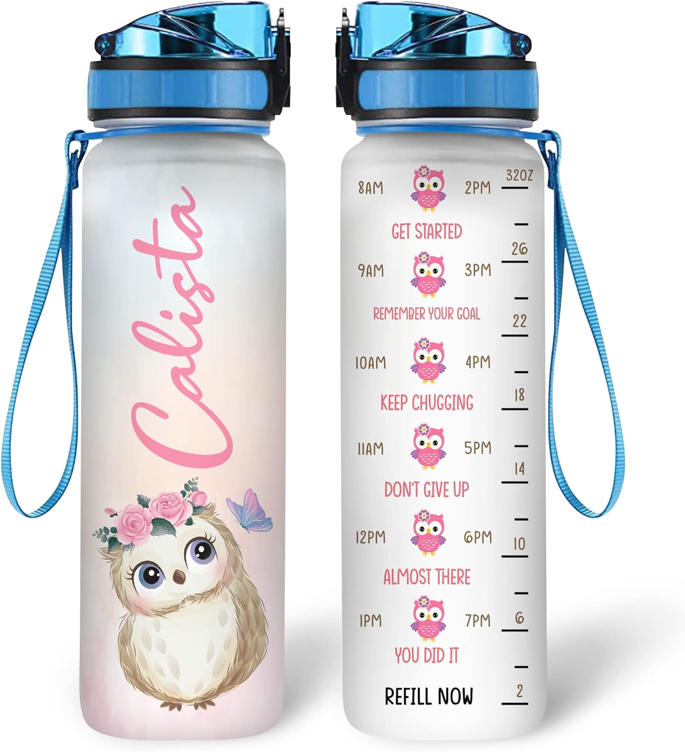 Owl & Flowers Water Bottle Tracker 32oz – Personalized Hydration Bottle with Time Marker – Creative Gift for Owl Lovers
