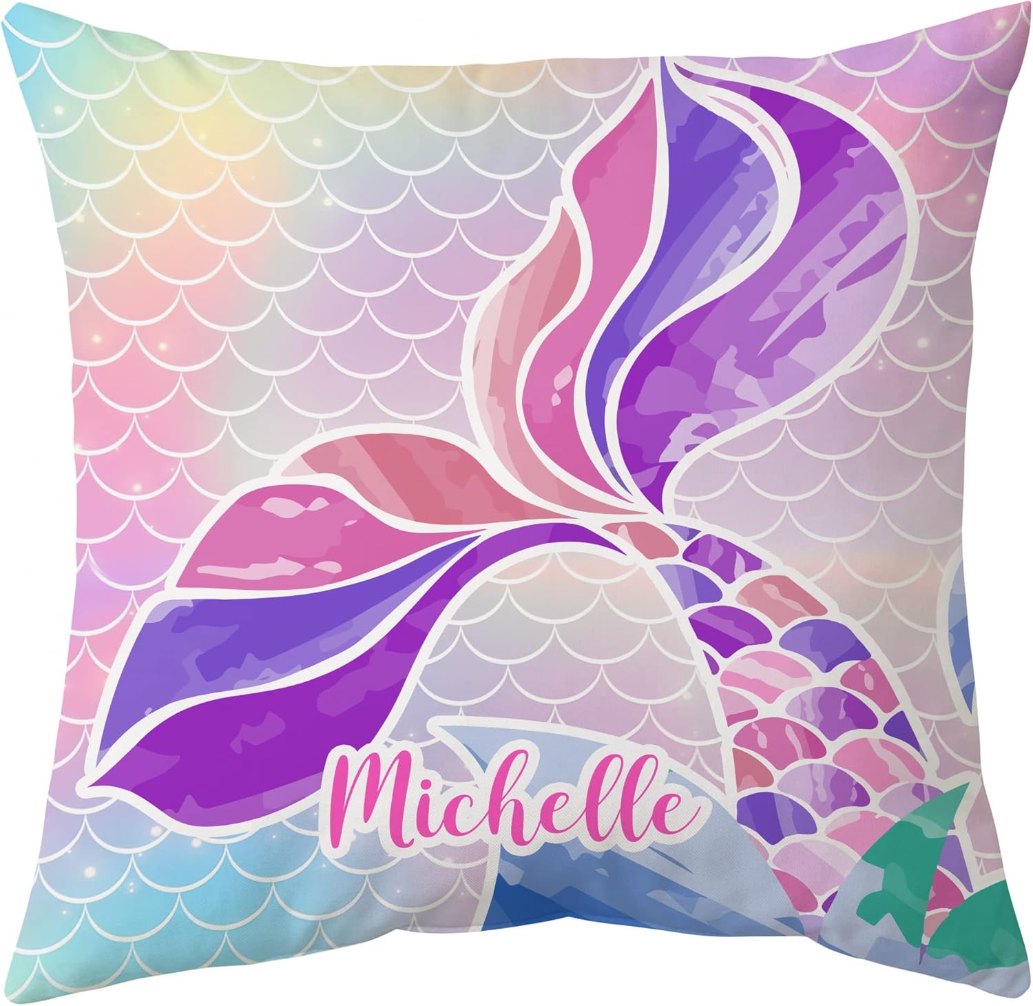 Mermaid Tail Personalized Pillow with Insert – Custom Name Cushion for Girls – Rainbow Scales Pastel Home Décor Gift for Mermaid Lovers