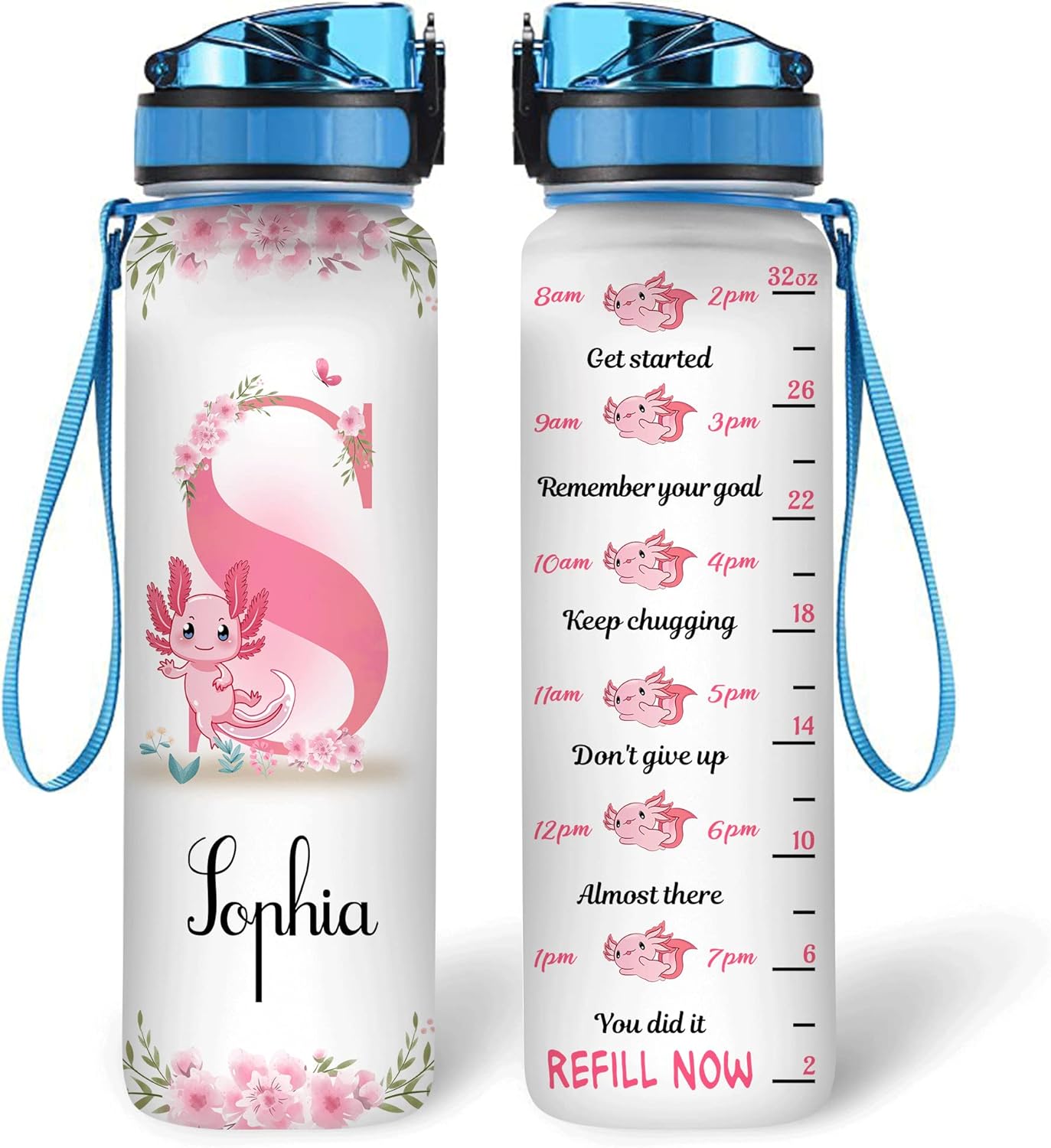 Axolotl Theme Water Bottle Tracker 32oz – Personalized Motivational Bottle with Time Marker – Cute Gift for Axolotl Lovers