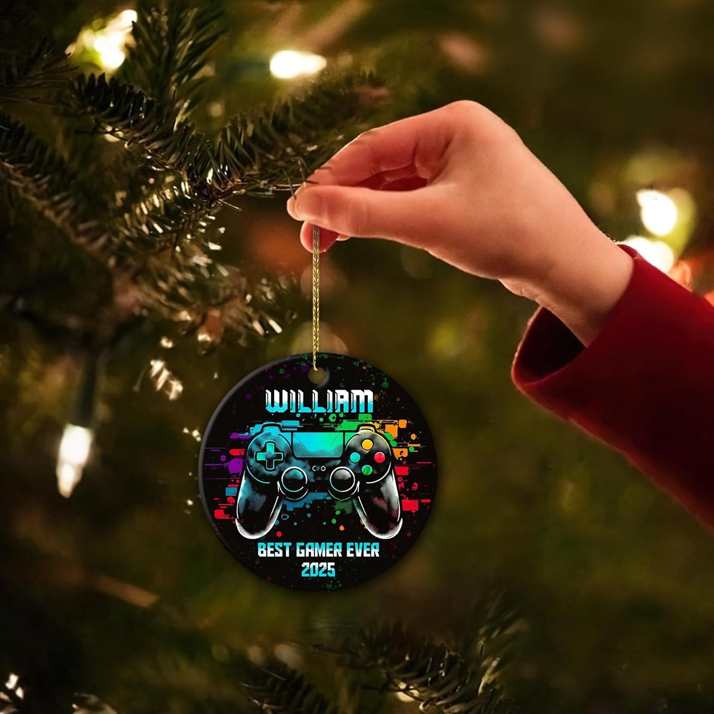 Gamer Controller Neon Ceramic Ornament – Personalized Custom Name Circle Keepsake, Christmas Gift for Boys, Men or Video Game Lover