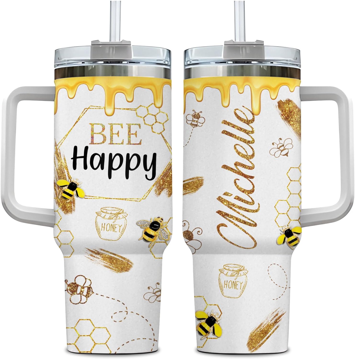 Bee & Honeycomb Tumbler 40oz with Handle & Straw – Personalized Stainless Steel Insulated Travel Cup with Lid – Unique Gift for Bee Lovers