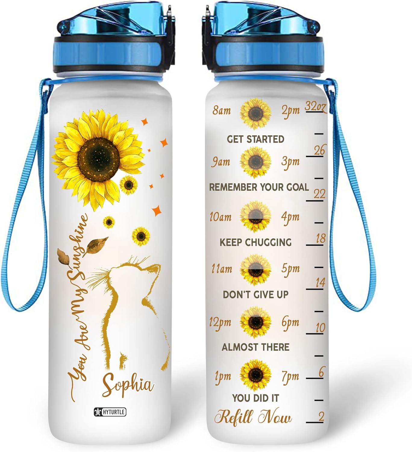 Cat & Sunflower Water Bottle Tracker 32oz – Personalized Hydration Bottle with Time Marker – Thoughtful Gift for Cat Lovers