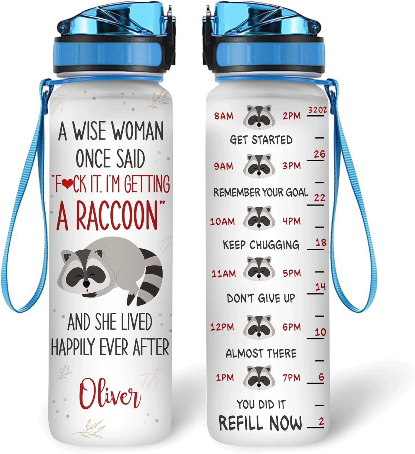 Raccoon Lover Water Bottle Tracker 32oz – Personalized Cute Animal Hydration Bottle with Time Marker – Fun Gift for Women Girls