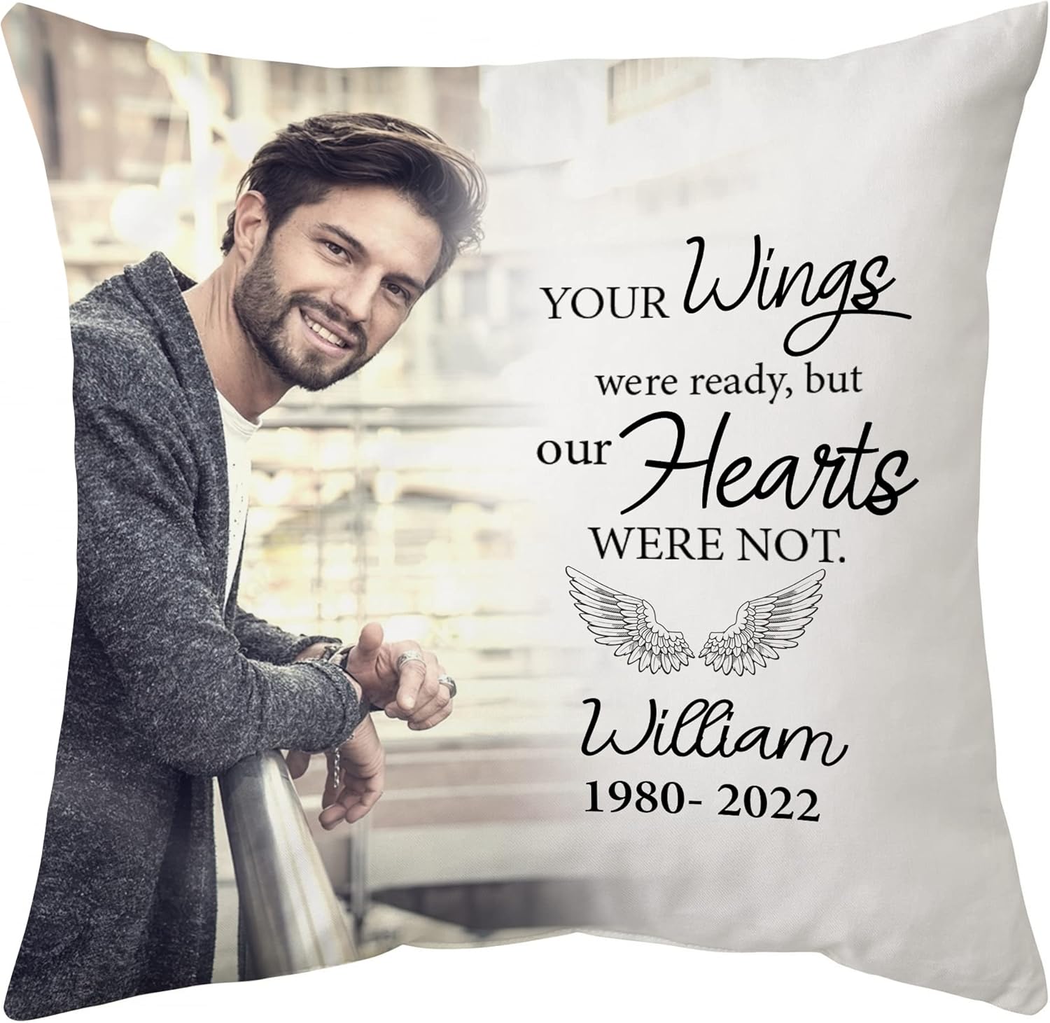 Your Wings Were Ready Personalized Memorial Pillow with Insert – Custom Photo Remembrance Cushion – Healing Bereavement Gift for Family