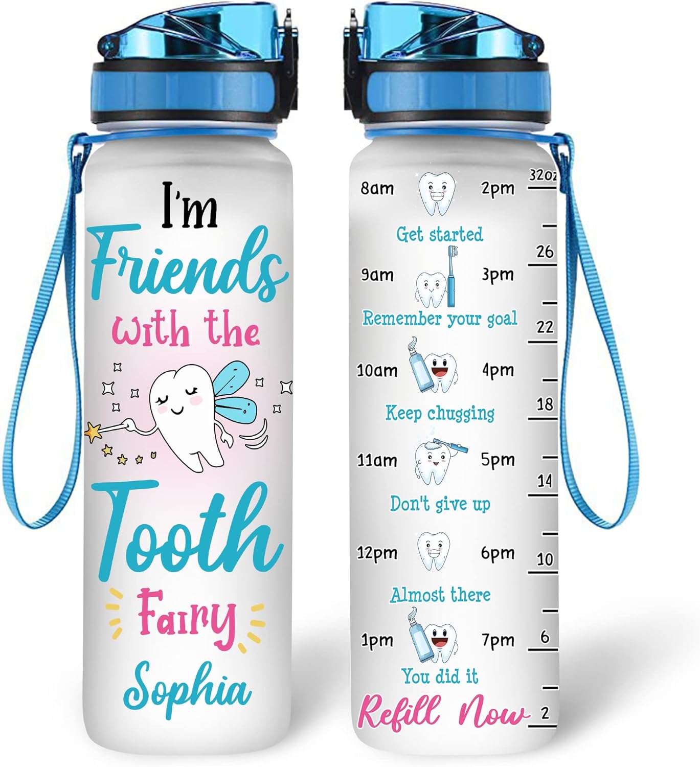 Tooth Fairy Water Bottle Tracker 32oz – Personalized Dentist Hygienist Hydration Bottle with Time Marker – Cute Gift for Women