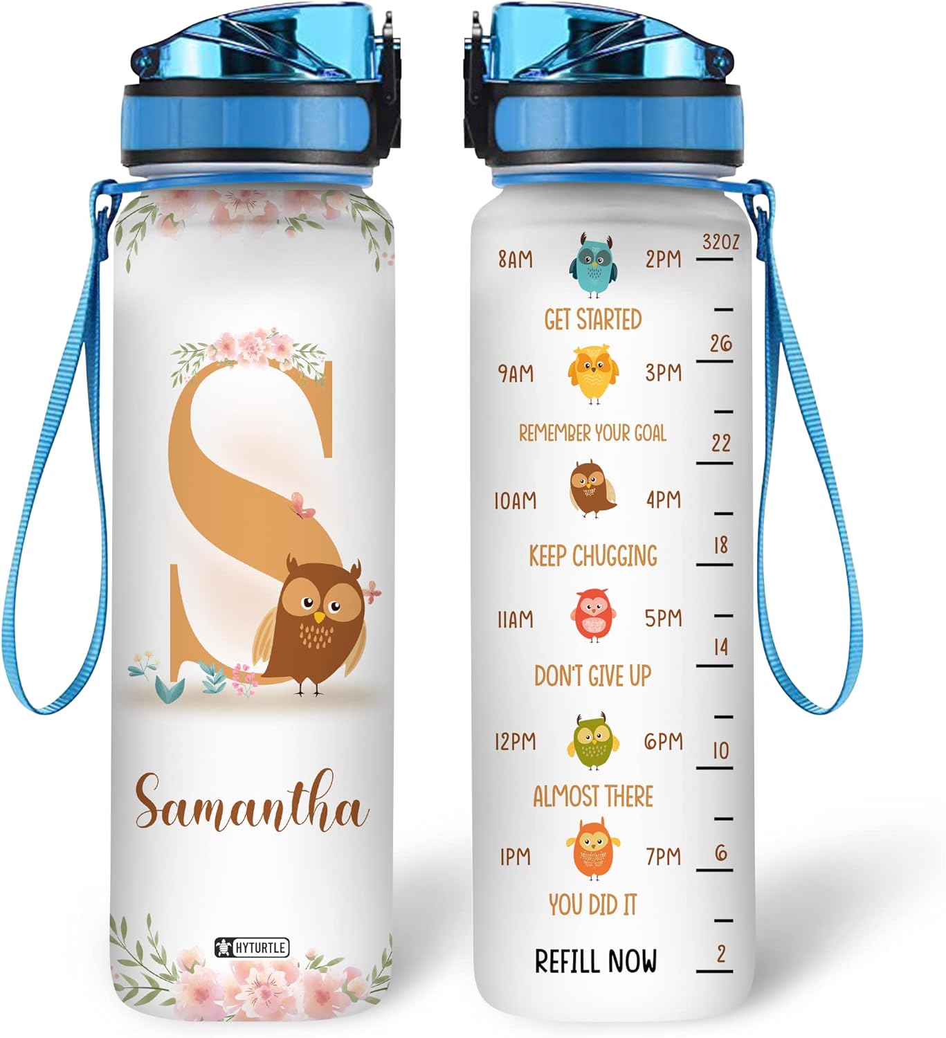 Cute Owl Water Bottle Tracker 32oz – Personalized Hydration Bottle with Time Marker – Unique Gift for Women & Girls