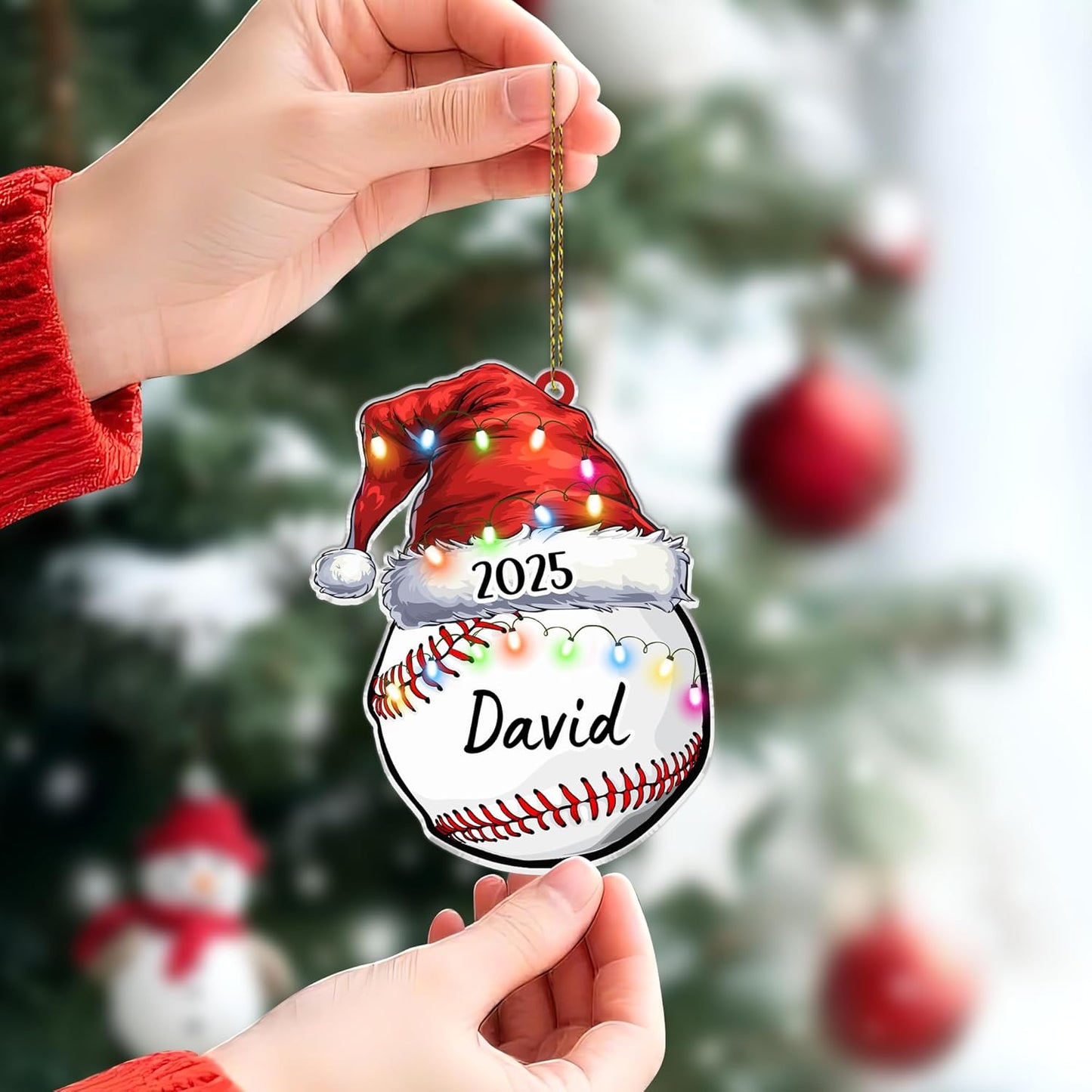 Baseball with Santa hat cut acrylic ornament – personalized 2D flat silhouette, custom name Christmas gift for player, coach, teammate or fan
