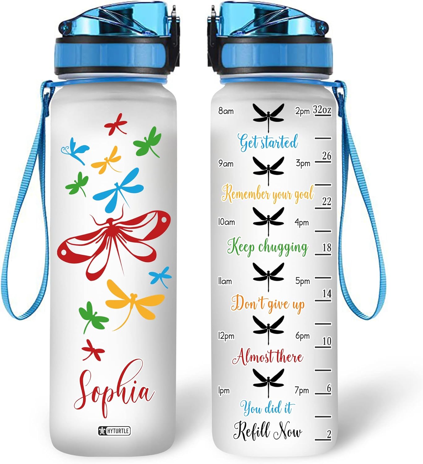 Dragonfly Floral Theme - Personalized Water Tracker Bottle 32oz