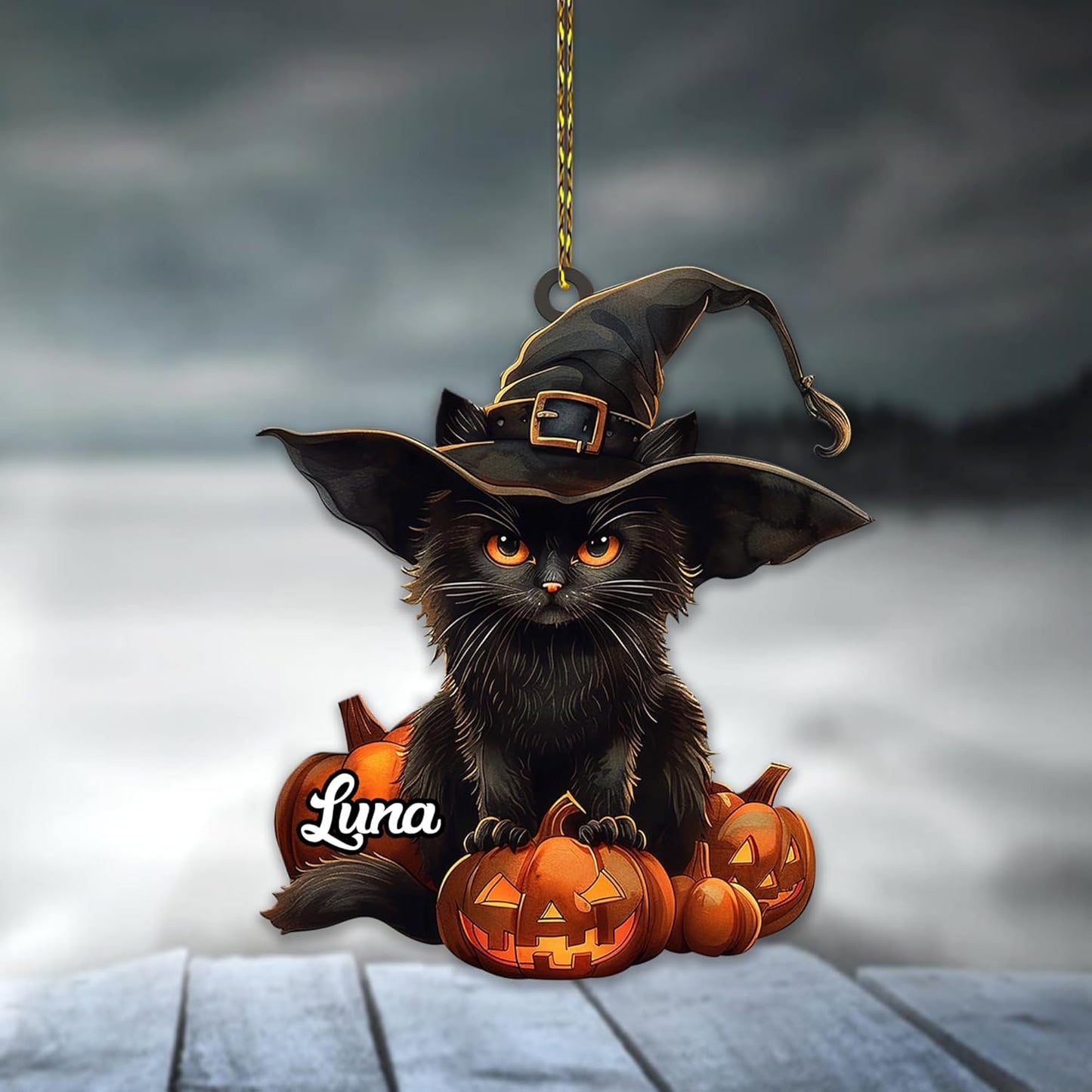 Black Cat with Pumpkins Cut Acrylic Ornament – Personalized Halloween Gift for Cat Lover or Witchy Décor Enthusiast