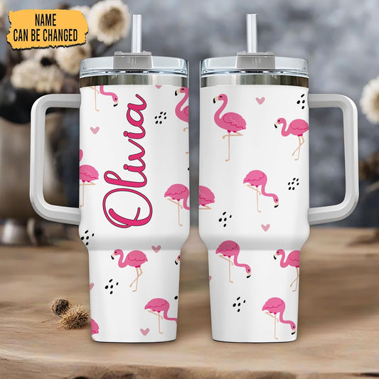 Pink Flamingo Tumbler 40oz with Handle & Straw – Personalized Stainless Steel Insulated Cup with Lid – Stylish Gift for Flamingo Lovers
