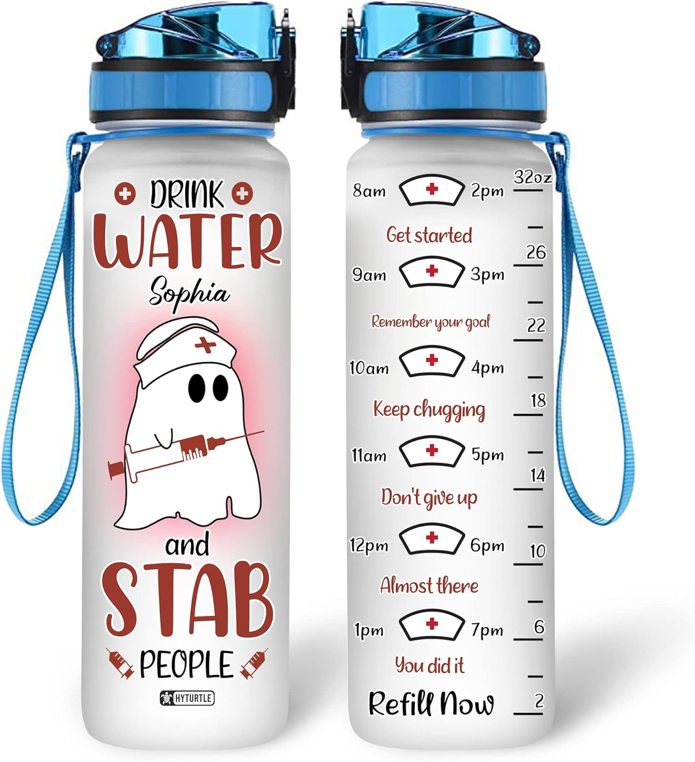 Funny Nurse Water Bottle Tracker 32oz – Personalized Motivational Tritan Plastic Bottle with Time Marker – Appreciation Gift for Nurses