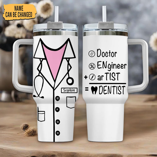 Funny Dentist Tumbler 40oz with Handle & Straw – Personalized Stainless Steel Travel Cup with Lid – Creative Gift for Dental Professionals