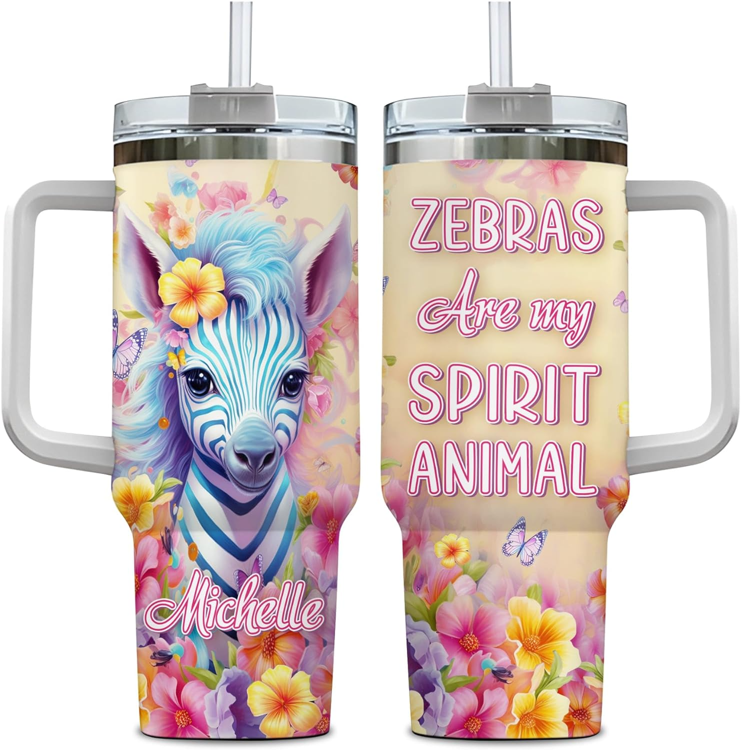 Zebra Lover Tumbler 40oz with Handle & Straw – Personalized Stainless Steel Insulated Cup with Lid – Stylish Birthday Gift for Animal Fans
