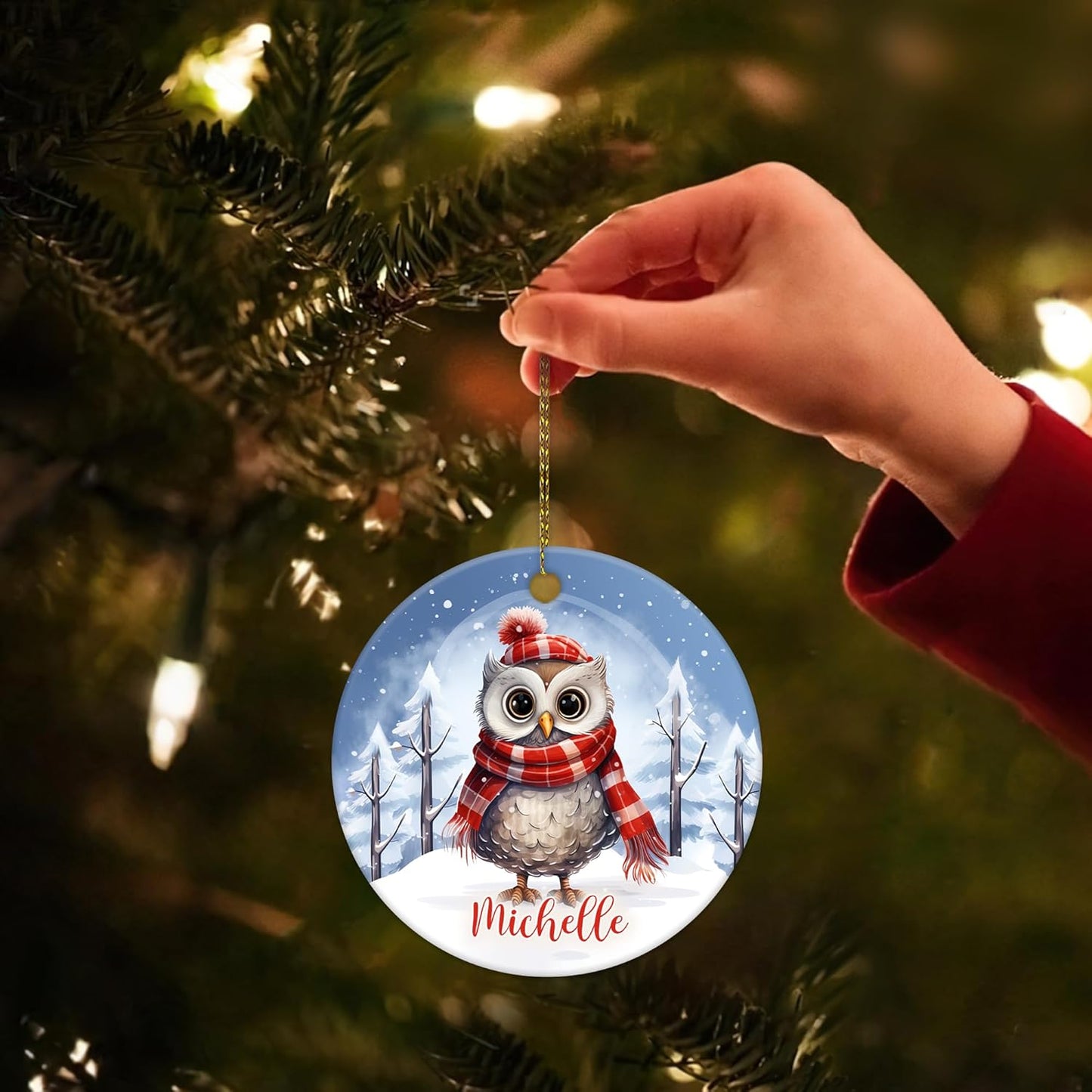 Owl in Scarf Winter Scene Ceramic Ornament – Personalized Custom Name Circle Keepsake, Christmas or Birthday Gift for Owl Lover Women