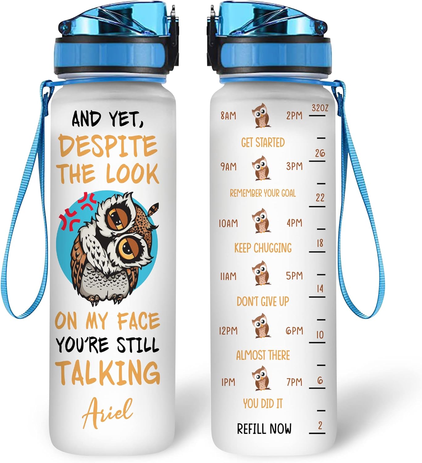 Funny Owl Lovers Water Bottle Tracker 32oz Personalized – Motivational Animal Bottle with Time Marker – Unique Gift for Women