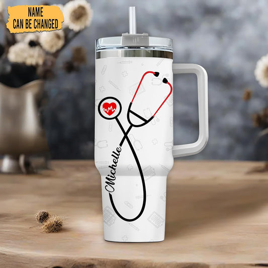 Nurse Stethoscope Tumbler 40oz with Handle & Straw – Personalized Stainless Steel Insulated Travel Cup with Lid – Appreciation Gift for Nurses & Students