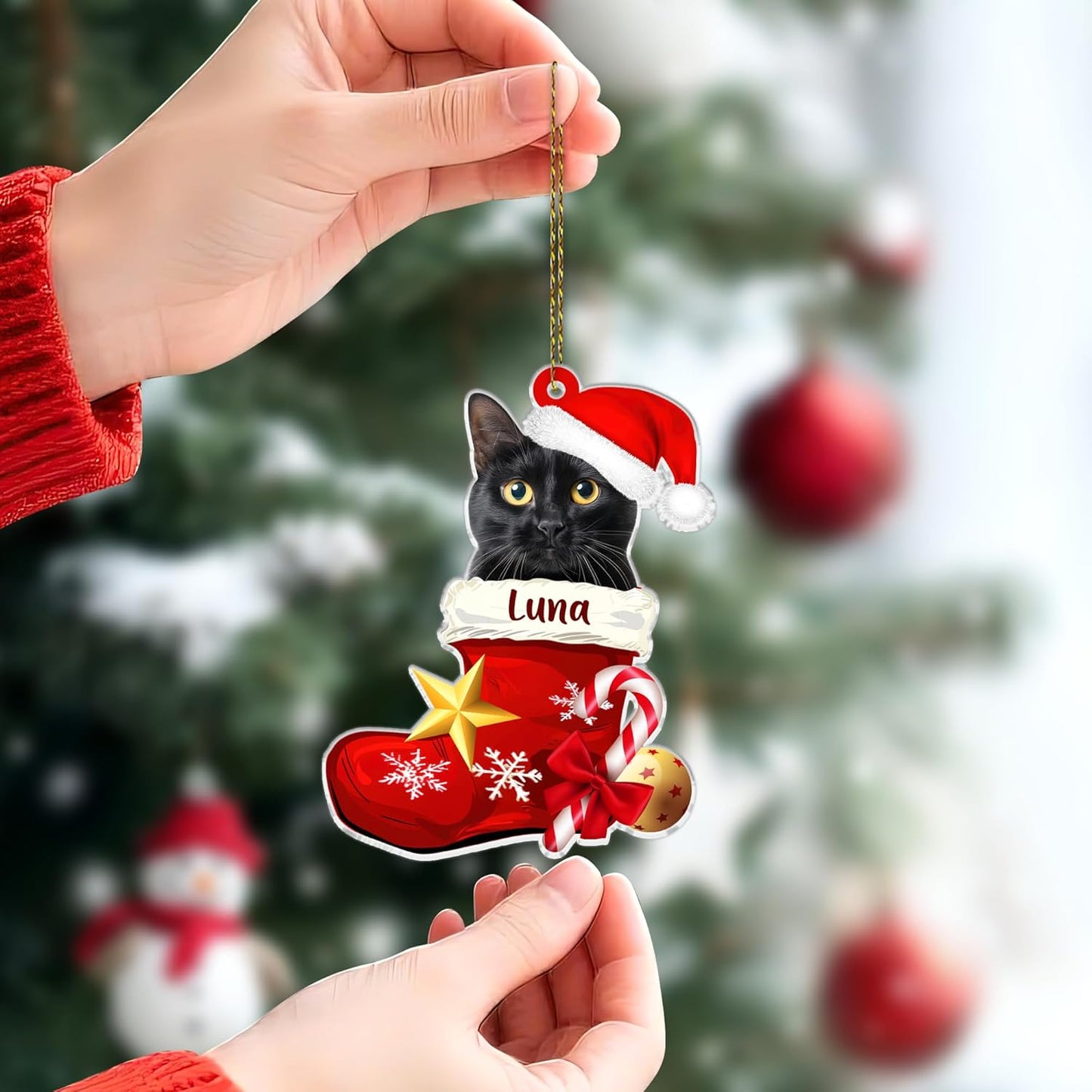 Black cat in Santa stocking cut acrylic ornament – personalized photo style, custom name Christmas gift for cat lover, pet parent or rescue volunteer