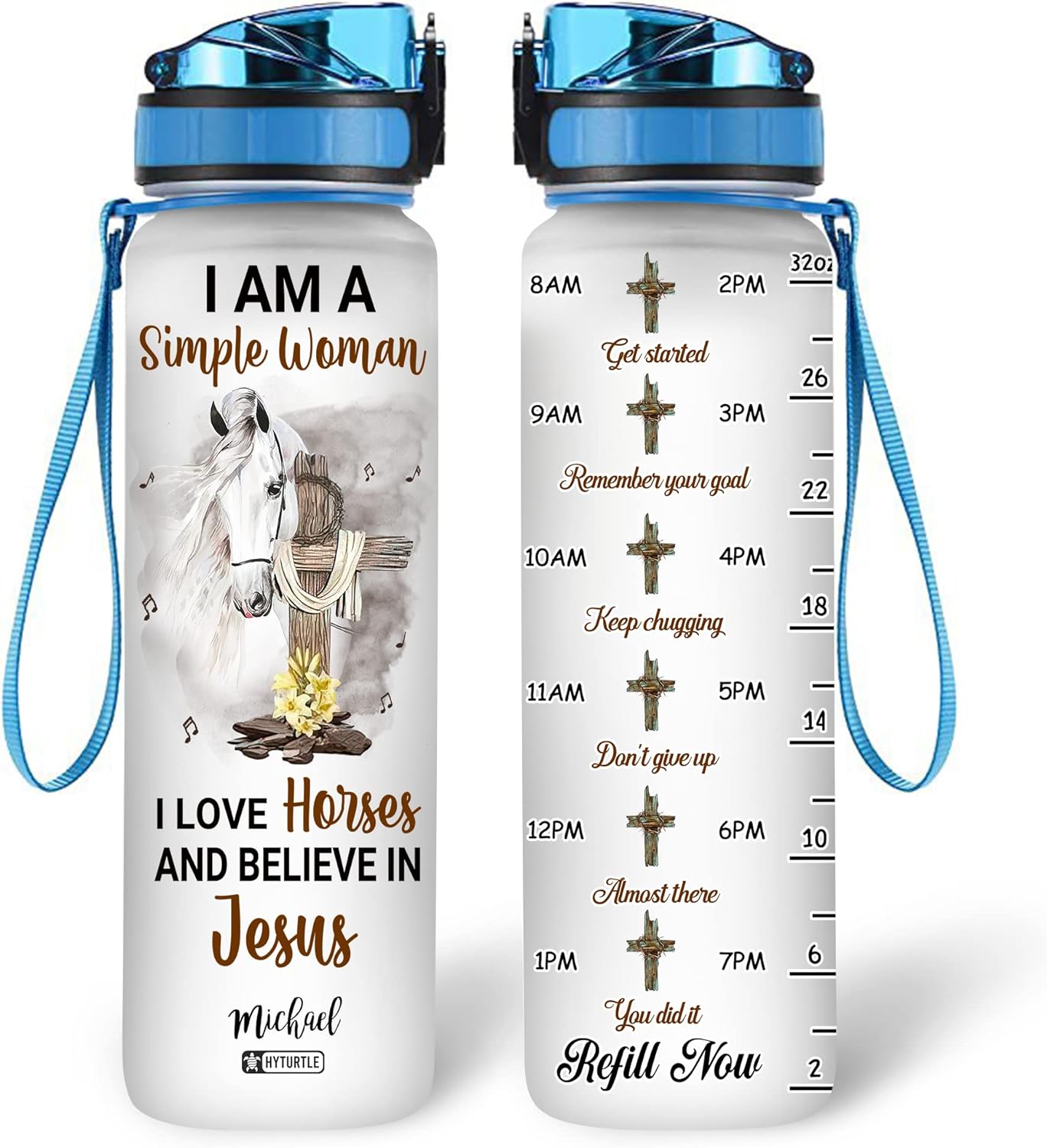 I Love Horse And Believe In Jesus - Personalized Water Tracker Bottle 32oz