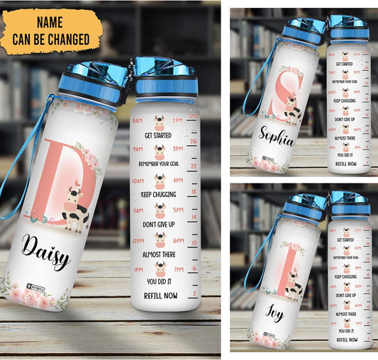 Cute Cow Floral Pattern - Personalized Water Tracker Bottle 32oz
