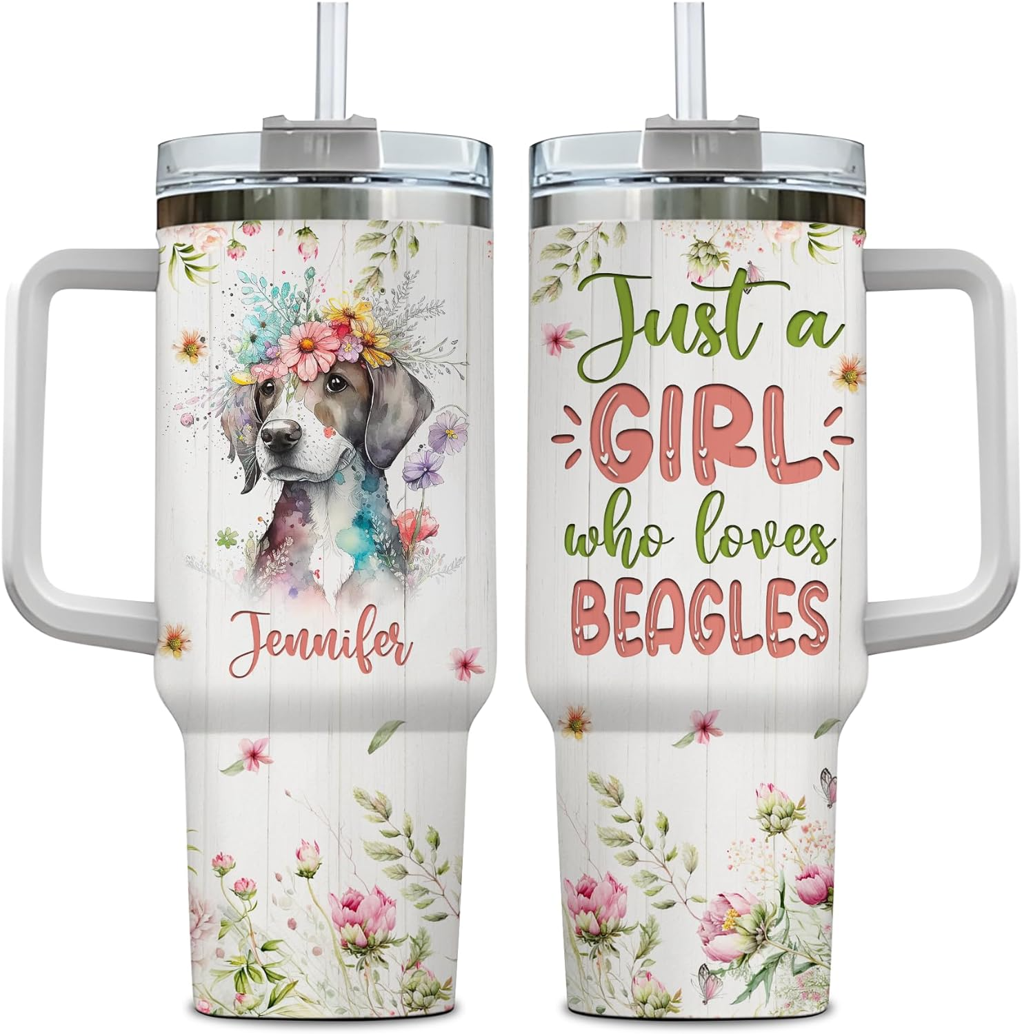 Beagle Dog Lover Tumbler 40oz – Personalized Stainless Steel Insulated Cup with Handle & Straw, Watercolor Floral Design – Heartfelt Gift for Women & Girls