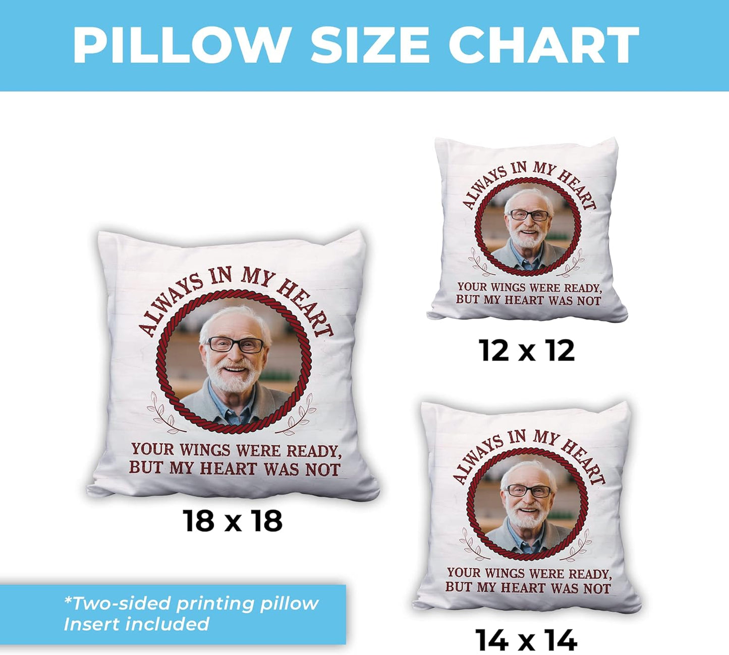 Always in My Heart Personalized Memorial Pillow with Insert – Custom Name Photo Remembrance Cushion – Healing Gift for Loved Ones