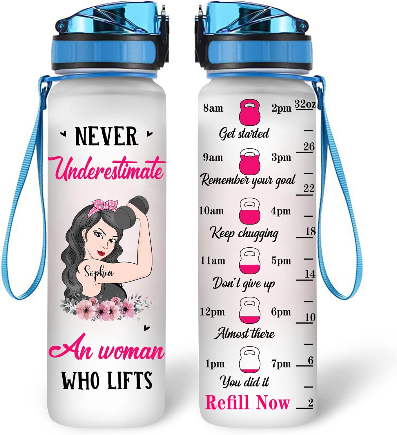 Strong Woman Fitness Theme Water Bottle Tracker 32oz – Personalized Motivational Hydration Bottle – Empowering Gift for Gym Lovers