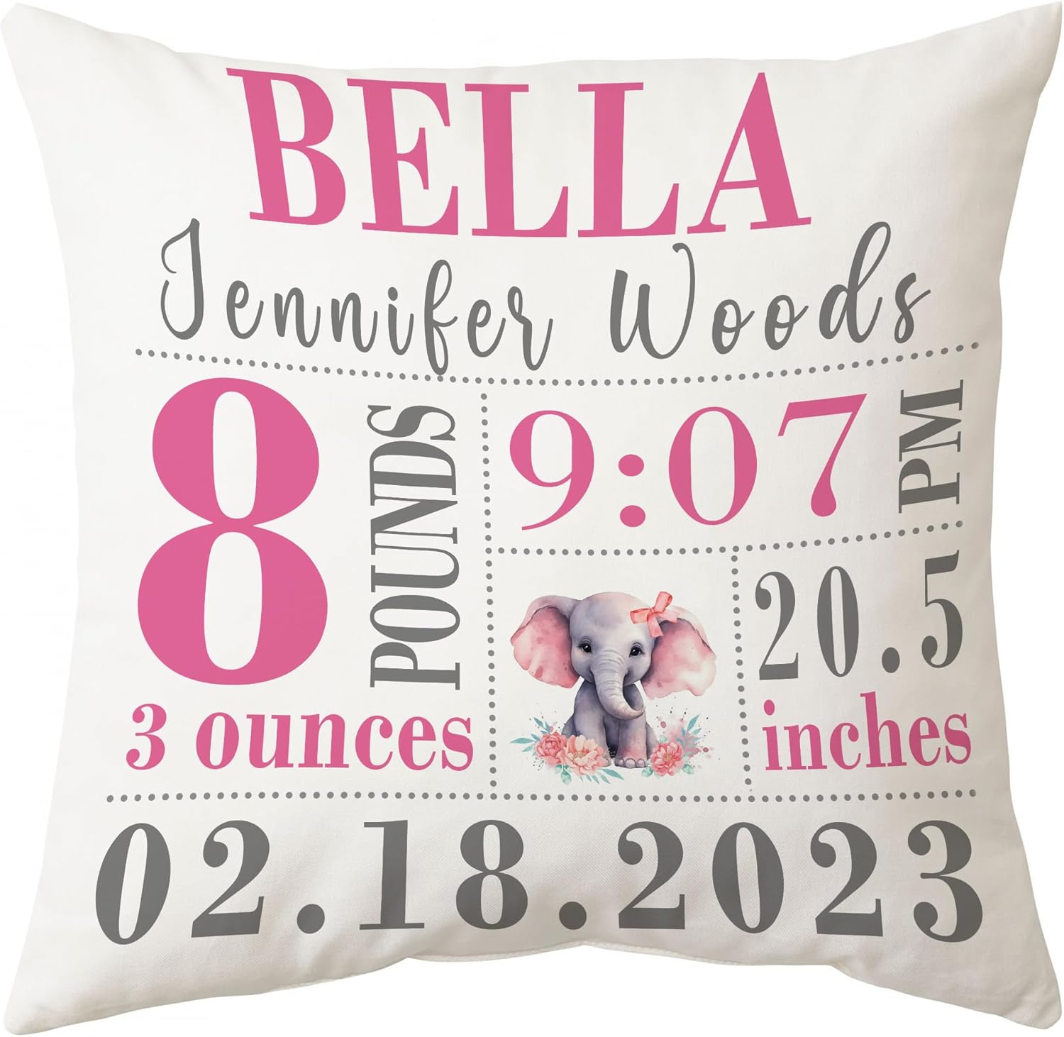 Baby Elephant Birth Stats Personalized Pillow with Insert – Custom Nursery Cushion – New Baby Girl Keepsake Gift for Parents