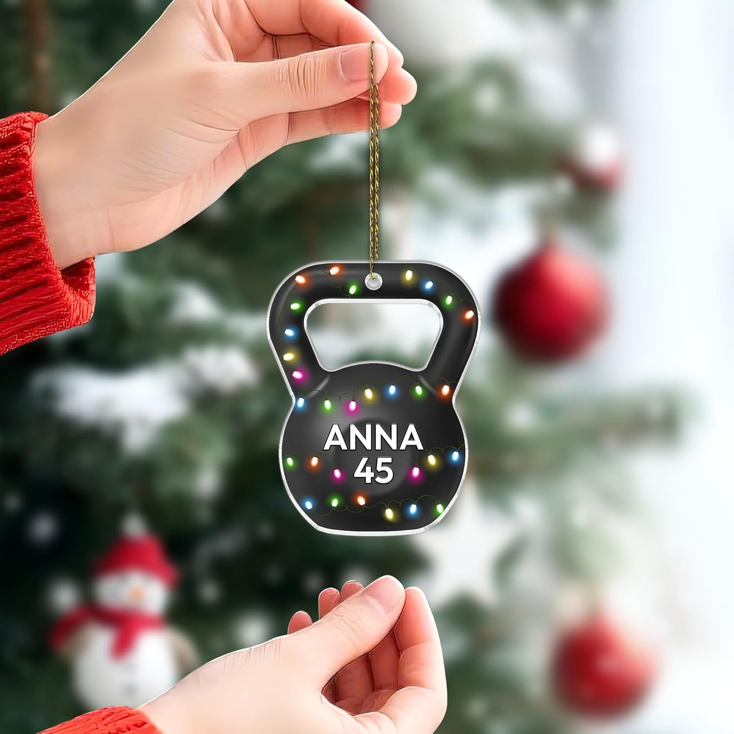 Kettlebell with festive lights cut acrylic ornament – personalized 2D flat silhouette, custom name Christmas gift for lifter, trainer or fitness friend