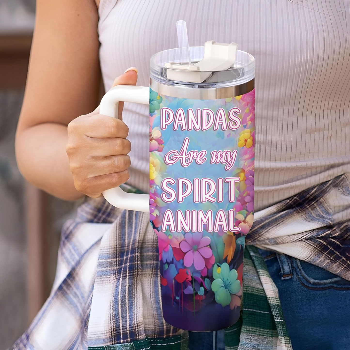 Panda Lover Tumbler 40oz with Handle & Straw – Personalized Stainless Steel Insulated Cup with Lid – Cute Birthday & Christmas Gift for Women & Girls