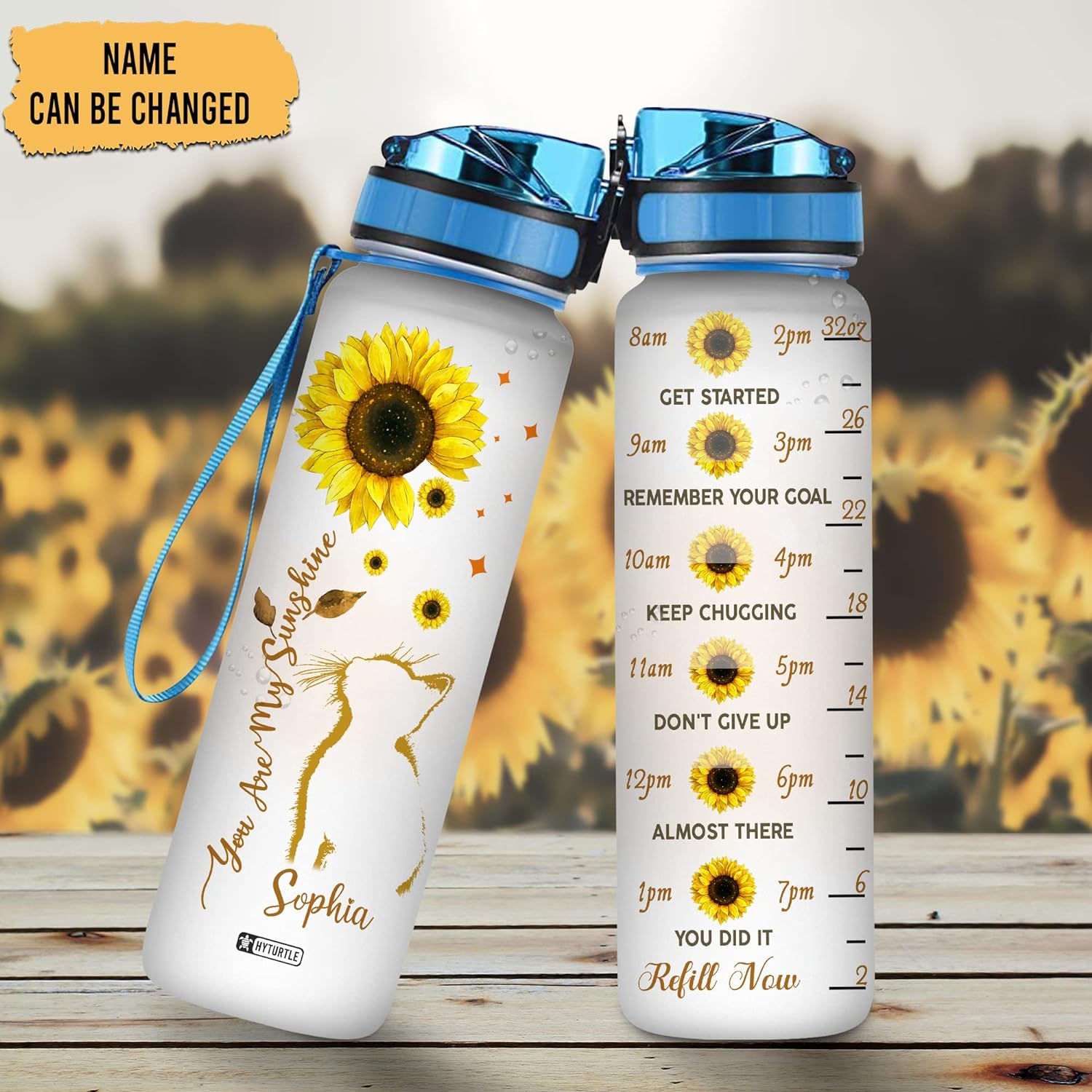 Cat & Sunflower Water Bottle Tracker 32oz – Personalized Hydration Bottle with Time Marker – Thoughtful Gift for Cat Lovers