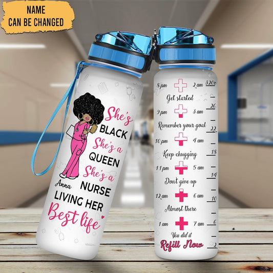 She's A Black Nurse Queen - Personalized Water Tracker Bottle 32oz