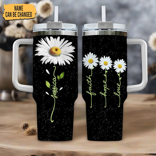 Daisy Flower Tumbler 40oz with Handle & Straw – Personalized Stainless Steel Insulated Travel Cup with Lid – Stylish Floral Gift for Women