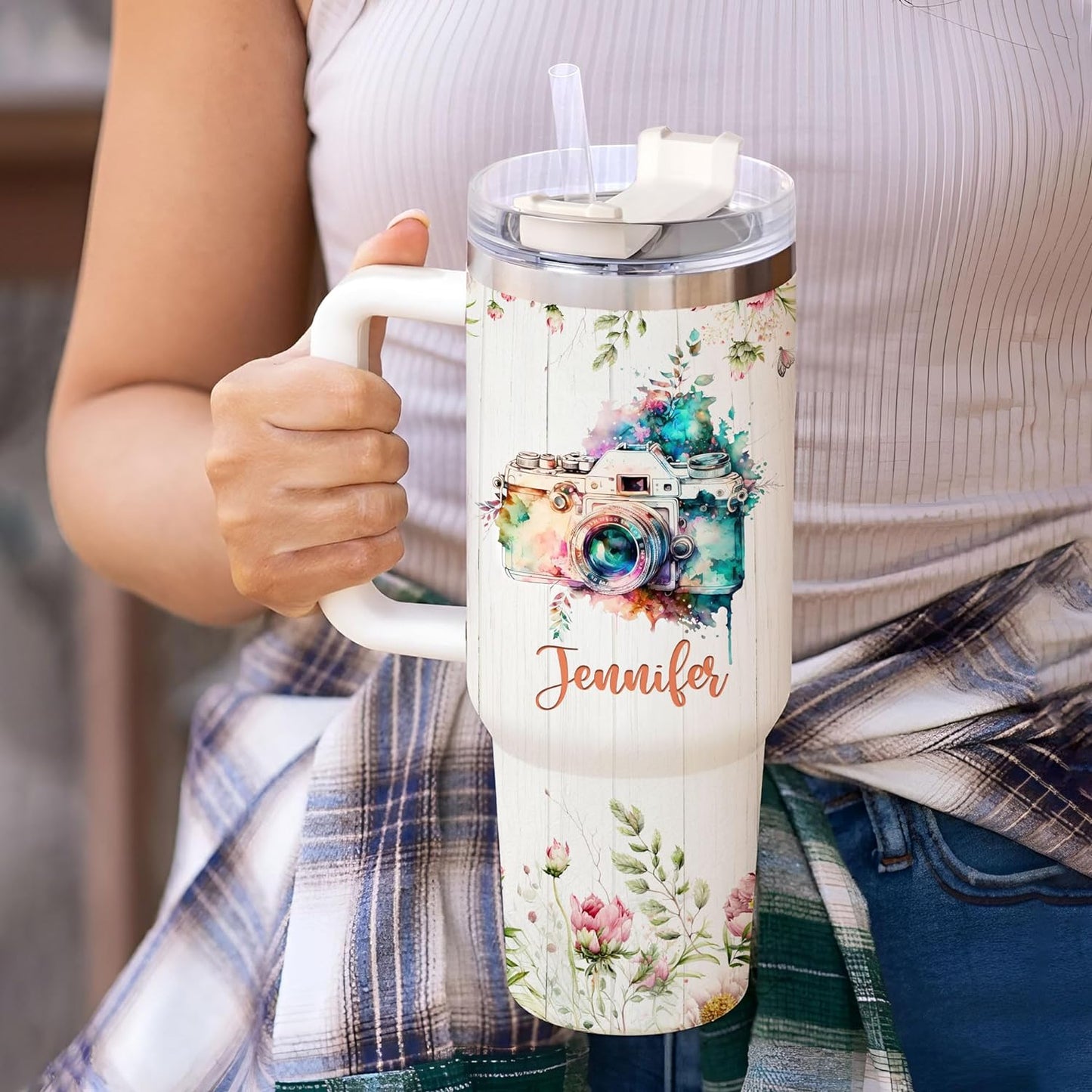 Vintage Camera Art 40oz Tumbler with Handle & Straw – Personalized Stainless Steel Insulated Travel Cup with Lid – Creative Gift for Photography Lovers