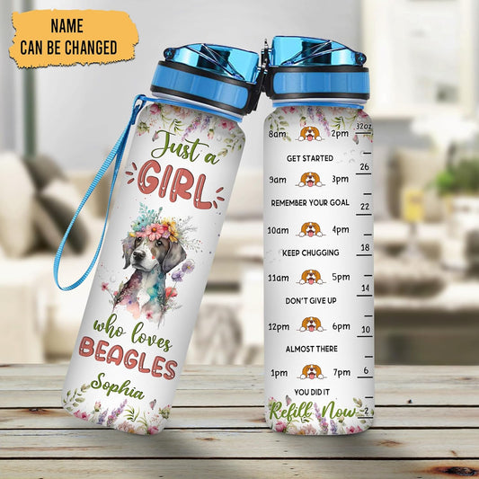 Beagle Lovers Water Bottle Tracker 32oz – Personalized Motivational Bottle with Time Marker – Perfect Gift for Dog Owners