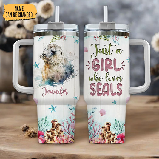 Seal Ocean Lover Tumbler 40oz – Personalized Stainless Steel Insulated Cup with Handle & Straw, Watercolor Marine Animal Design – Heartfelt Gift for Women & Girls