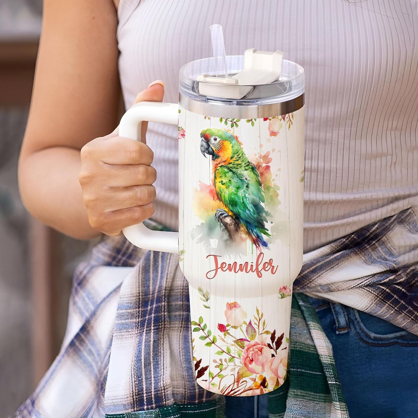 Parrot Lover Tumbler 40oz with Handle & Straw – Personalized Stainless Steel Travel Cup with Lid – Fun Gift for Tropical Bird Lovers