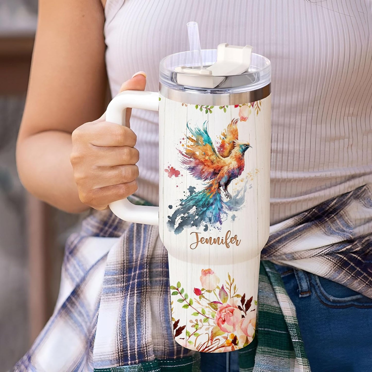 Phoenix Tumbler 40oz – Personalized Stainless Steel Insulated Cup with Handle & Straw – Mythical Bird Travel Mug Gift for Women