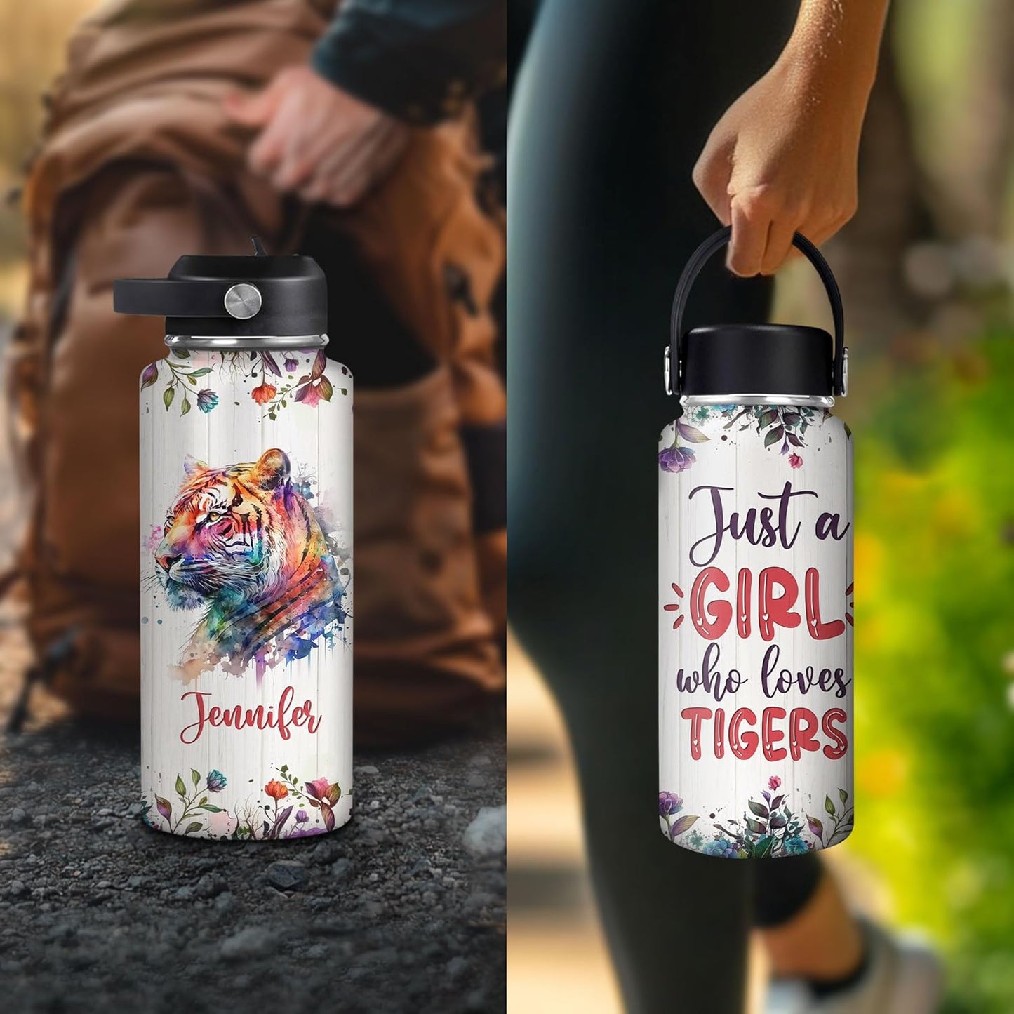 Personalized Tiger Water Bottle with Name - Insulated Stainless Steel Bottle 18oz 32oz with Leak-Proof Lid - Bold Gift for Tiger Lovers, Women & Girls