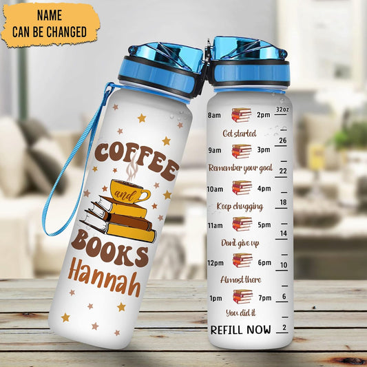 Coffee & Books Water Bottle Tracker 32oz – Personalized Hydration Bottle with Time Marker – Unique Gift for Book Lovers