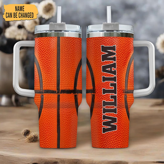 Basketball Texture Tumbler 40oz – Personalized Stainless Steel Insulated Cup with Handle & Straw – Fun Gift for Basketball Players & Fans