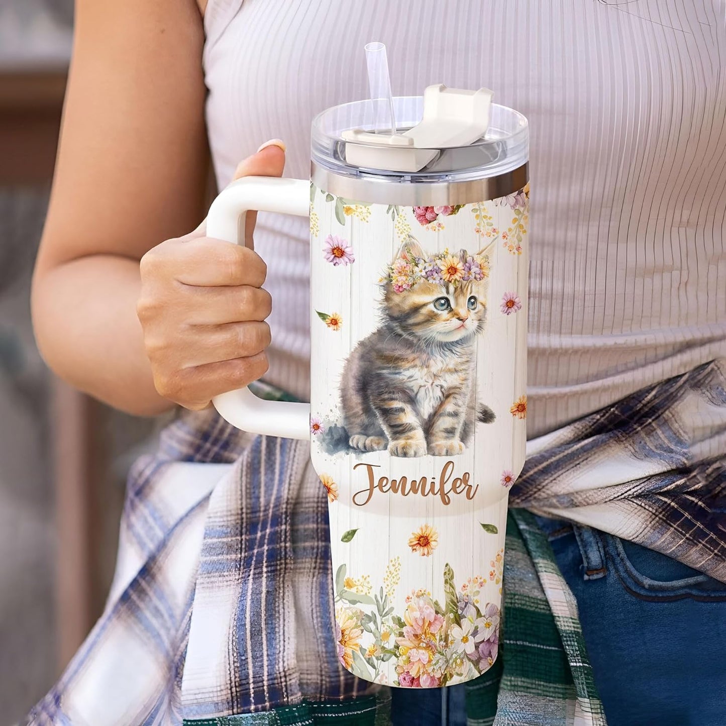 Cat Floral 40oz Tumbler with Handle & Straw – Personalized Stainless Steel Insulated Cup with Lid – Cute Gift for Cat Lovers