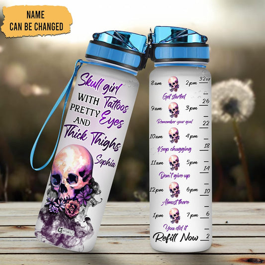 Skull Tattoo Girl Water Bottle Tracker 32oz – Personalized Motivational Bottle with Time Marker – Unique Gothic Gift for Women