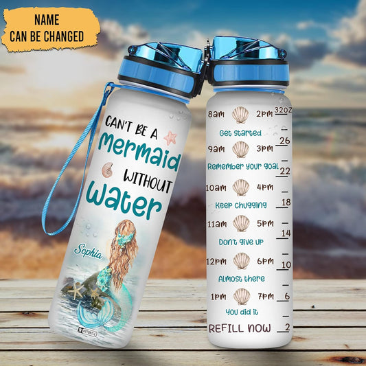 Mermaid Theme Water Bottle Tracker 32oz – Personalized Motivational Bottle with Time Marker – Creative Gift for Mermaid Lovers
